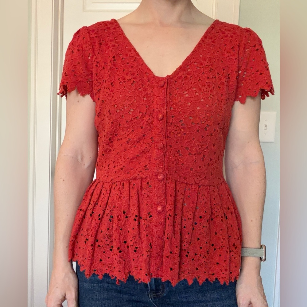 Anthropologie Scarlet Lace Button-Up Blouse
